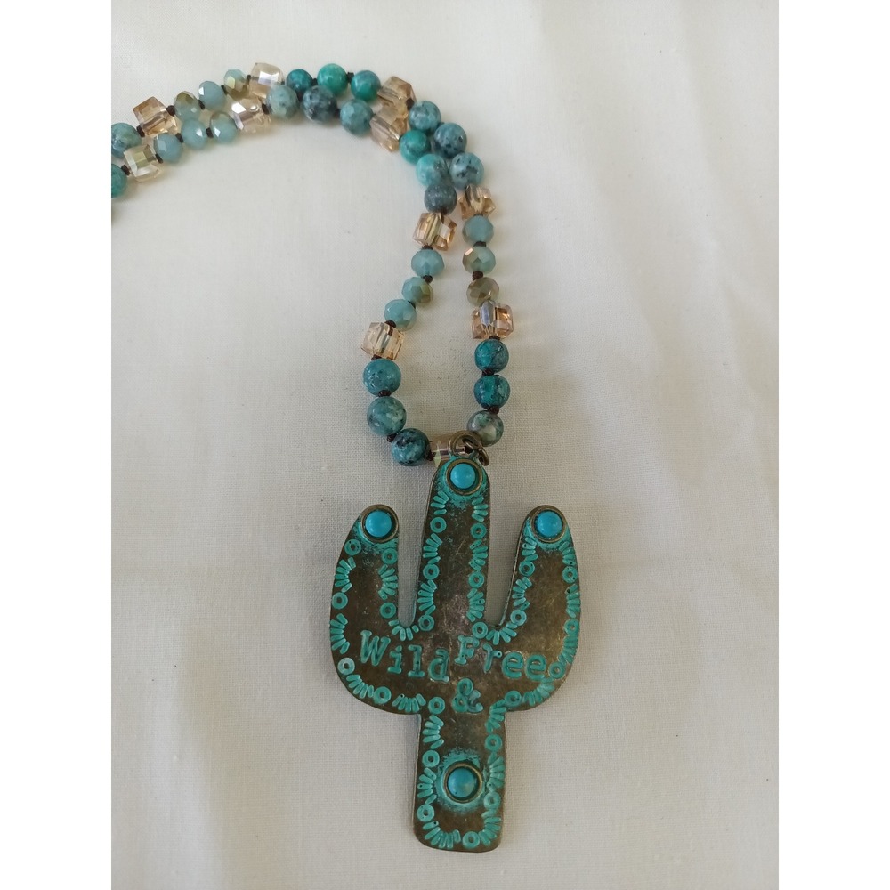 Wild & Free Cactus Pendant Beaded Necklace Turquoise Bronze Boho Southwestern - Picture 9 of 9